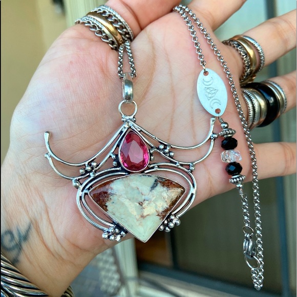 925 Sterling silver pink topaz & jasper necklace - Picture 6 of 8